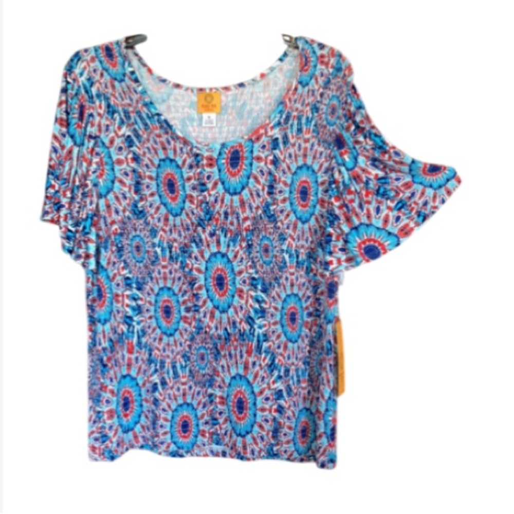 3/$45 Ruby Rd top abstract printed pattern smocked boho vibe casual summer 1X
